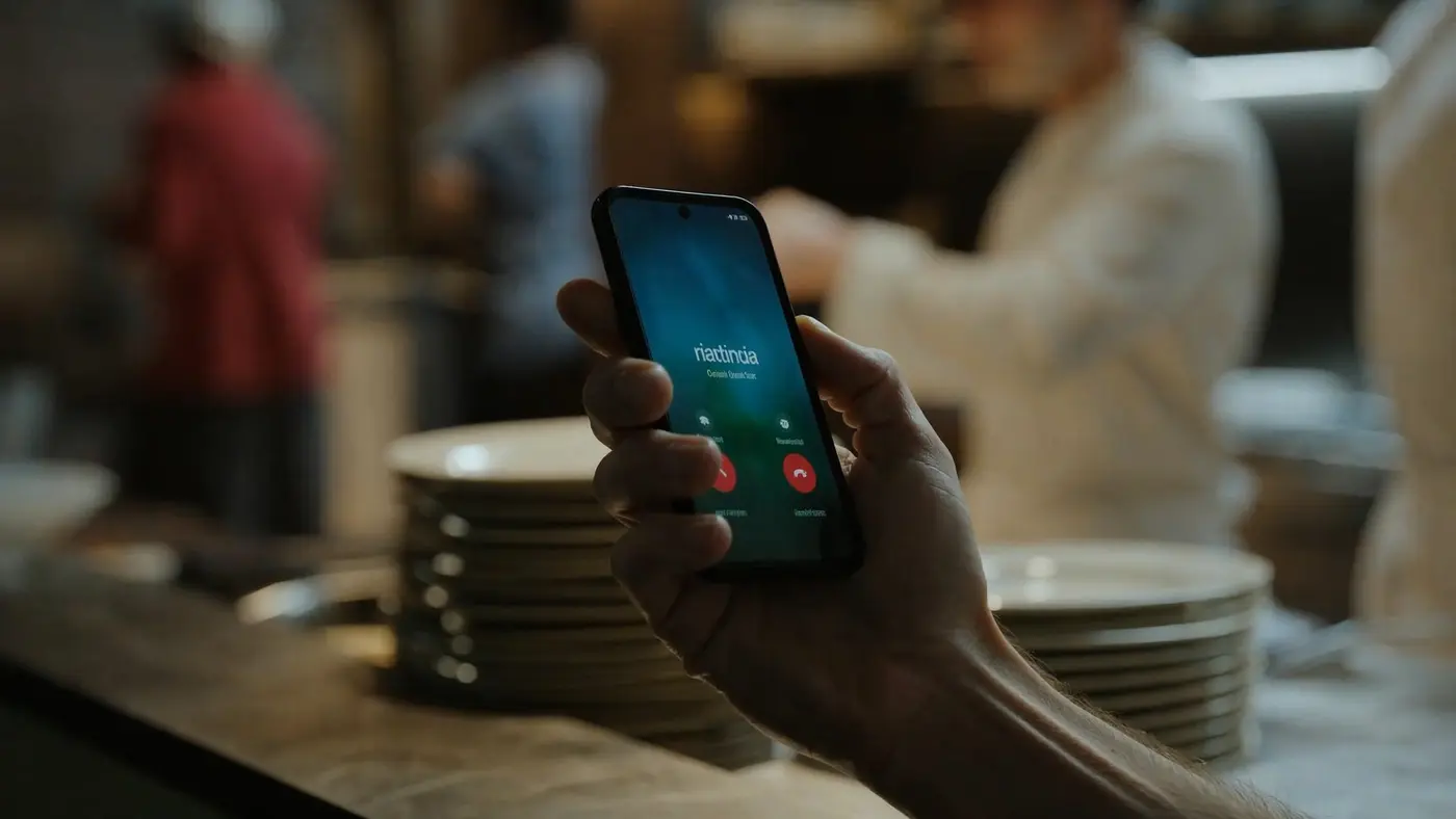 Un celular suena en la barra de una cocina llena